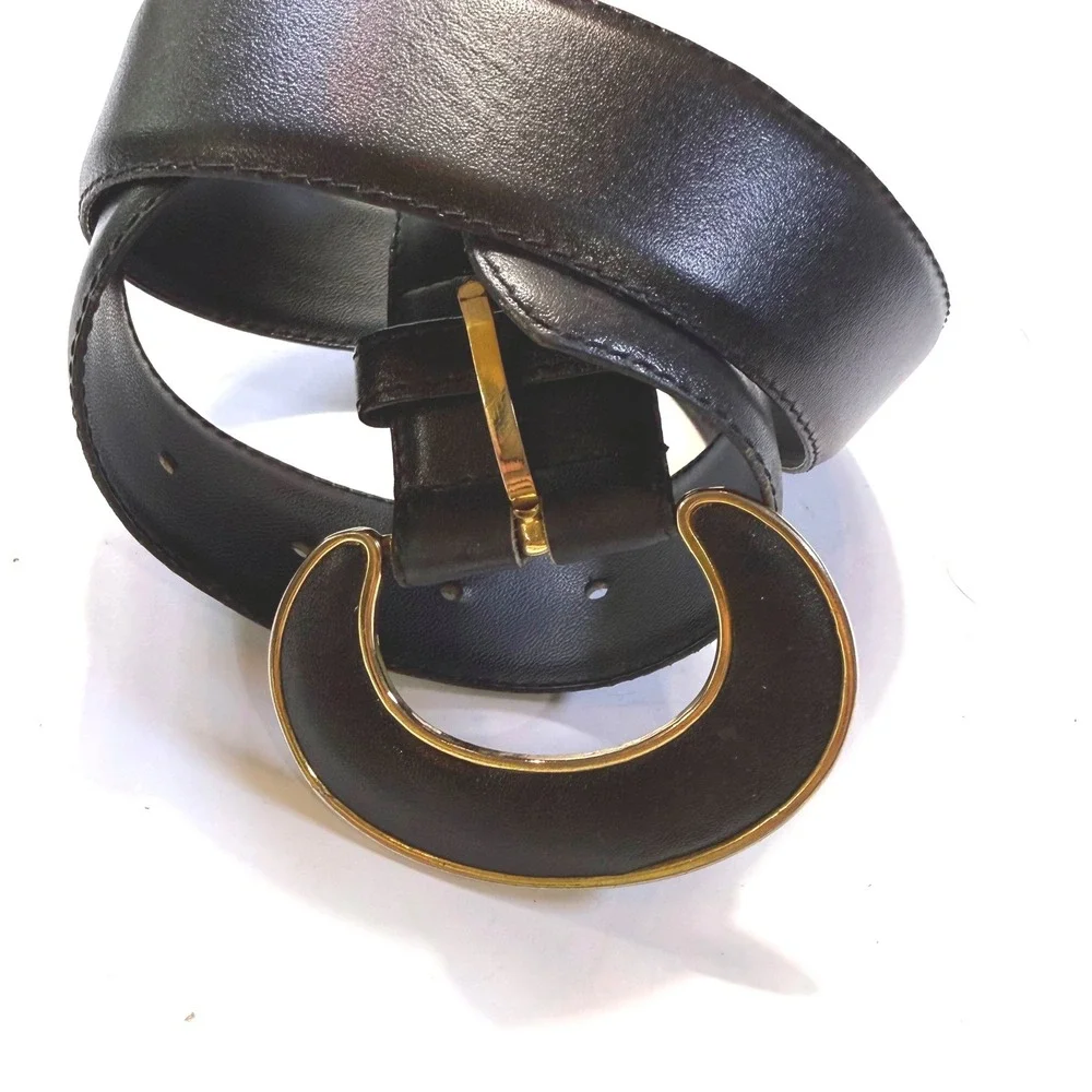Paul Harris Vintage Black Leather Belt Gold Crescent Buckle Wide Statement Med
